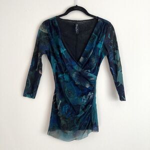 Elana Kattan Mesh Stretch Floral Print Top Size Small Y2K Whimsigoth Fairy